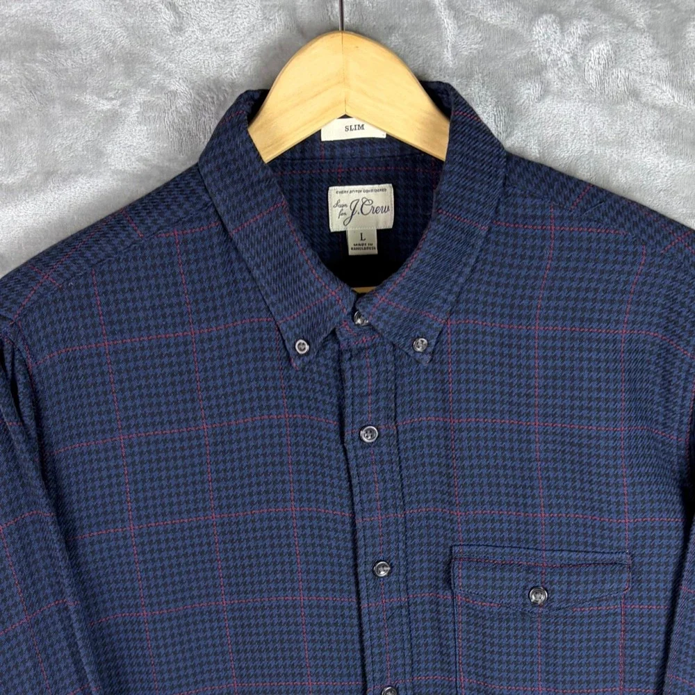 J Crew Mens Cotton Wool Flannel Shirt Elbow Patches Slim Large Blue Heritage Dad